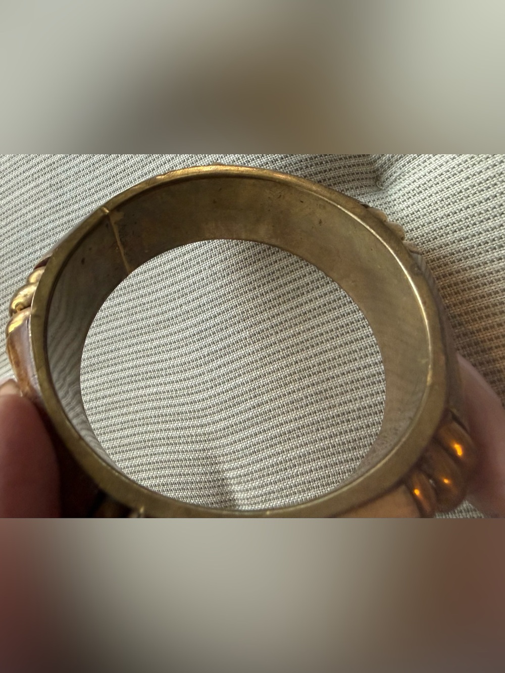 Carved Bone & Brass Leaf Accent Vintage Bangle - Picture 7 of 11